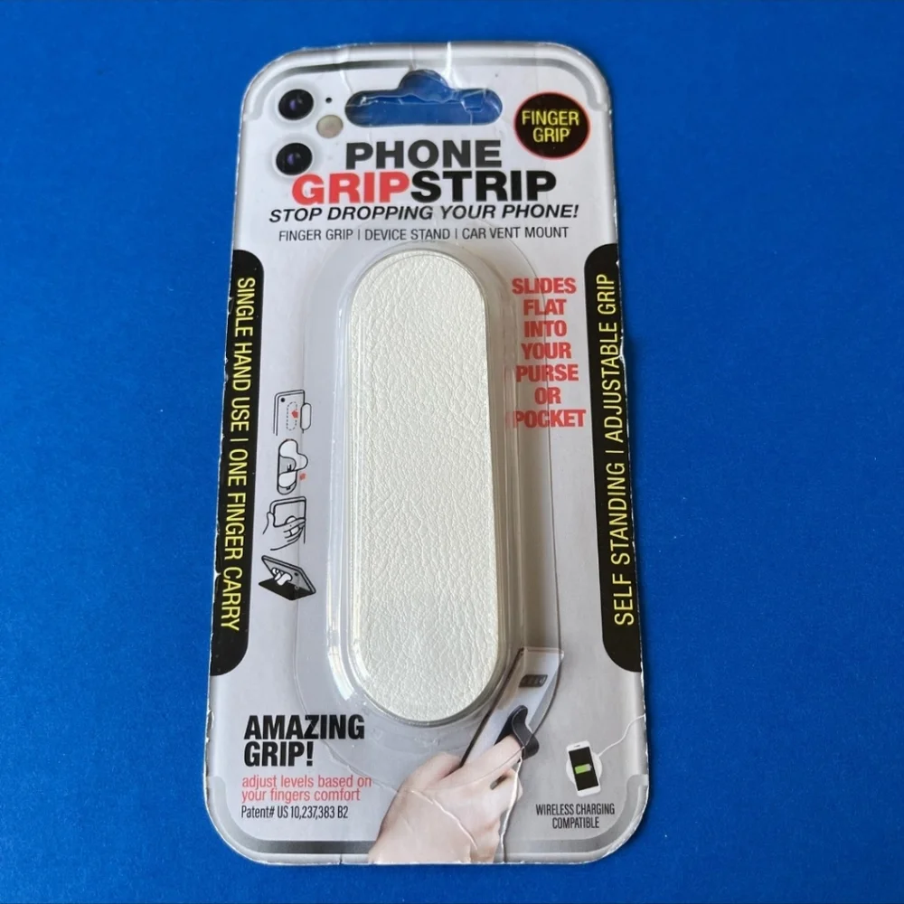Phone Grip Strip: Finger Grip, Stand, & Car Vent Mount - WHITE PEBBLED LEATHER